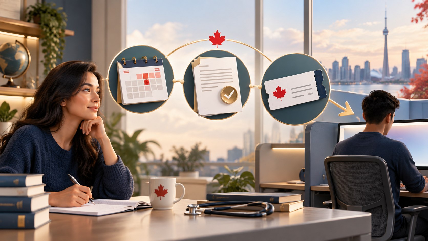 TDM candidate progressing from application dates and document verification to an in-person computer-based exam in Canada
