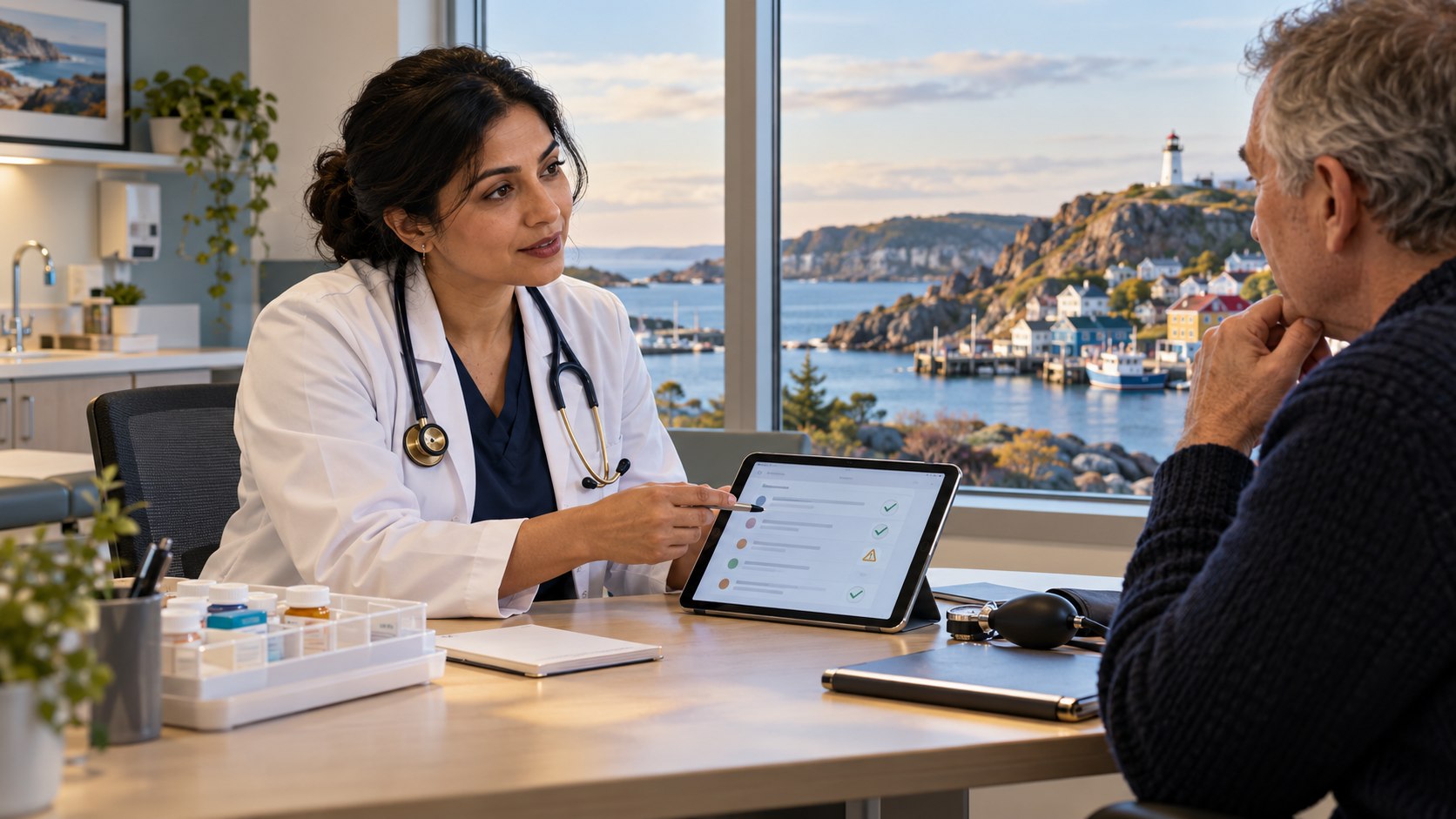 Family physician reviewing medications with a patient in a Newfoundland coastal community clinic