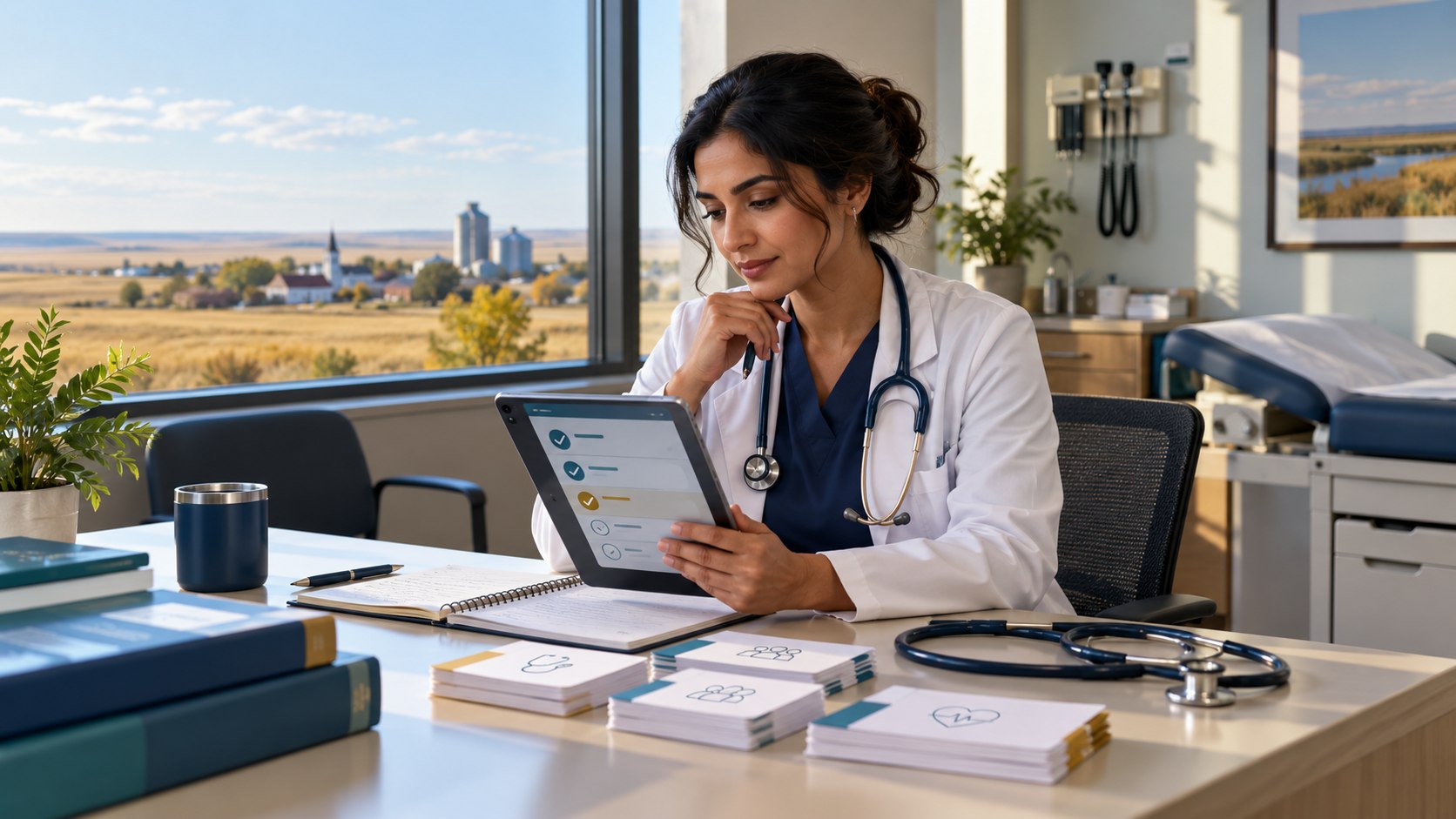 Internationally trained family physician preparing clinical cases in a Saskatchewan community clinic